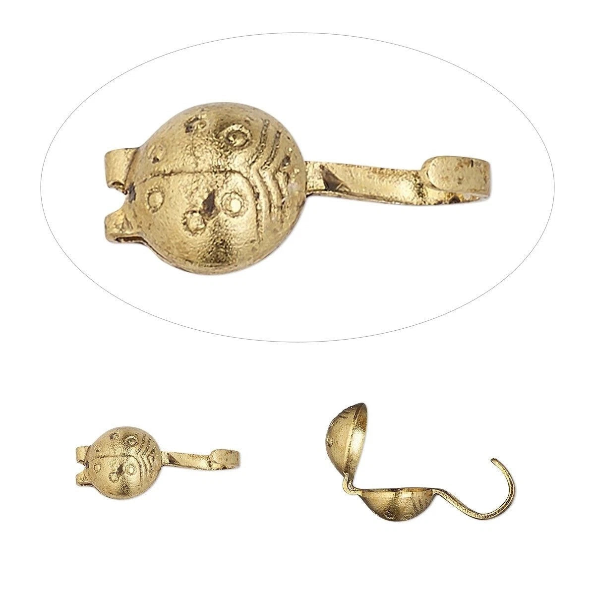 A gold-colored metal jewelry finding, shown in three views: a top-down view inside an oval frame, a side profile, and an open back view revealing a hook. The piece has a textured, antiqued finish with engraved details.