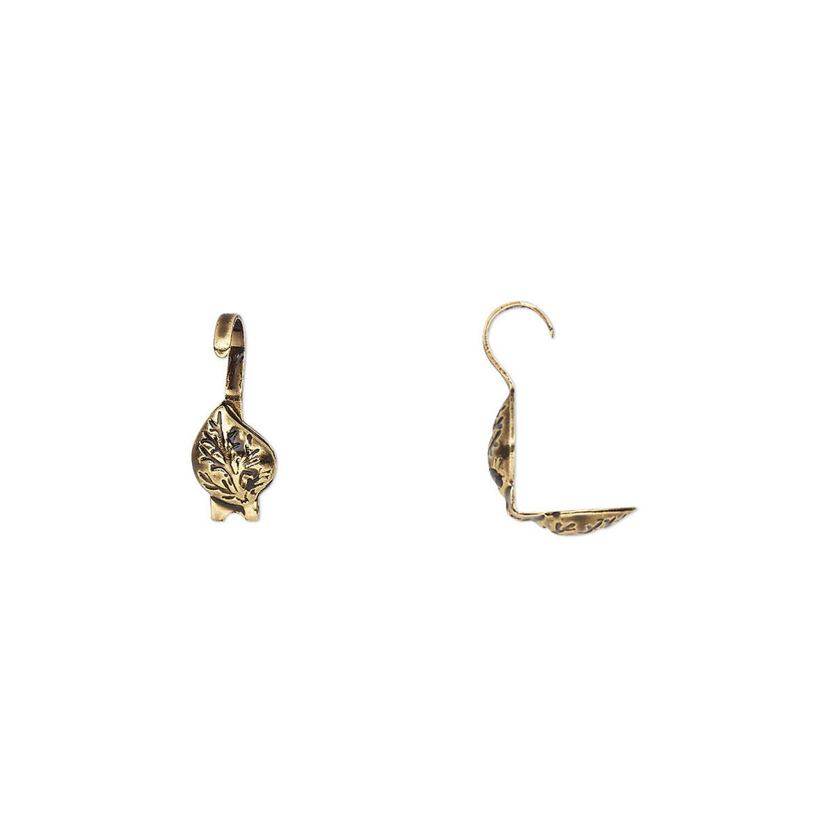 A pair of gold-toned leaf-shaped bead tips with detailed floral engravings, shown from front and side views on a plain white background.