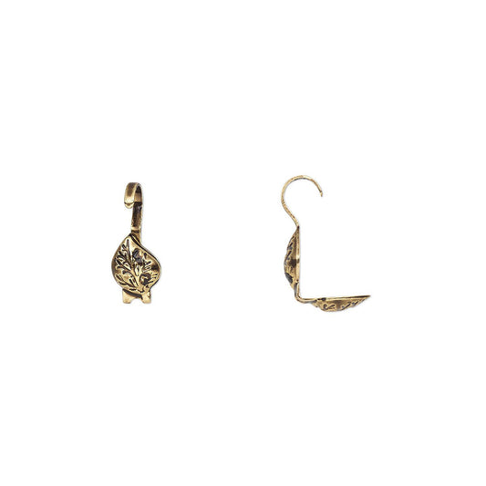 A pair of gold-toned leaf-shaped bead tips with detailed floral engravings, shown from front and side views on a plain white background.