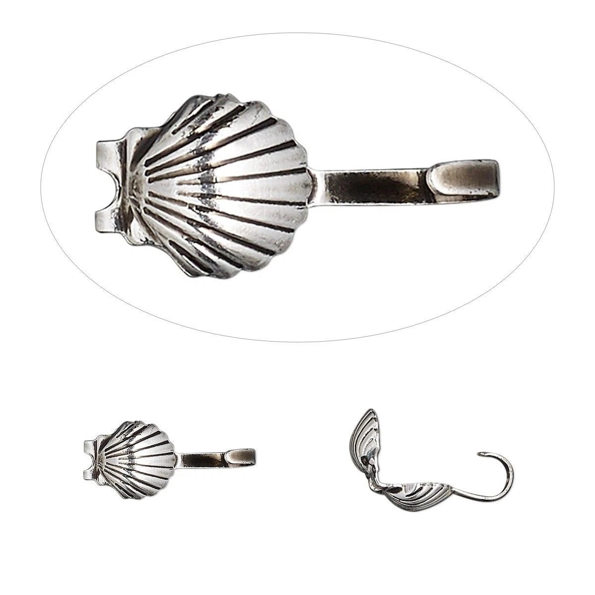 Silver-toned metal shell-shaped hook hardware shown from multiple angles on a white background, with a large top view inside an oval and smaller side views below.