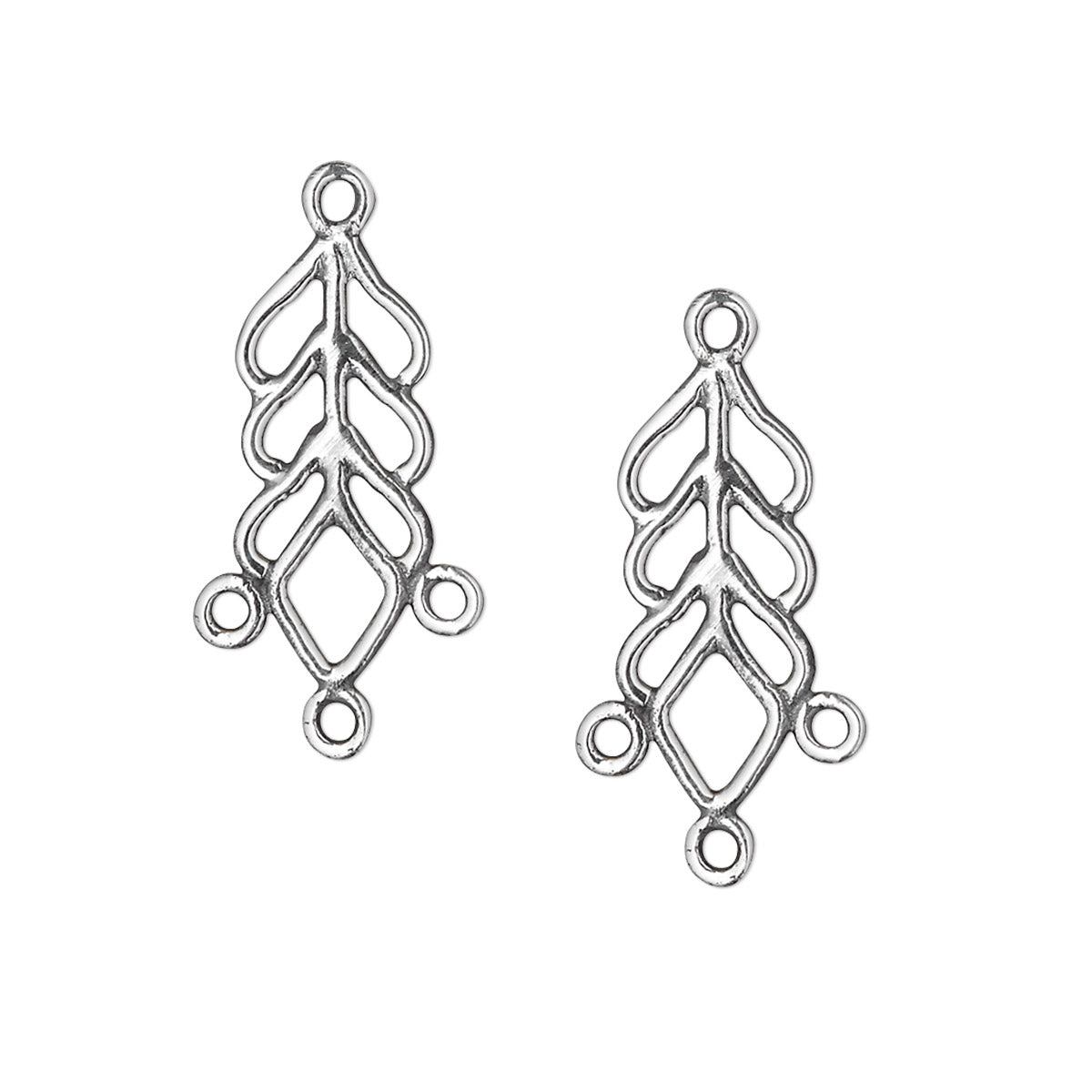Two sterling silver  leaf-shaped charms with three loops at the top and bottom, shown on a plain white background.