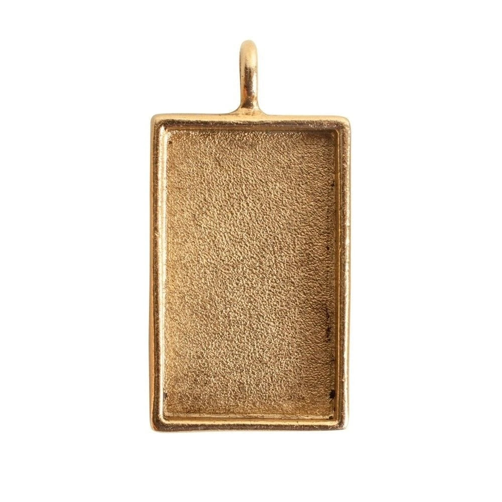 A rectangular gold pendant with a textured, brushed metallic surface and a small top loop, shown against a plain white background.