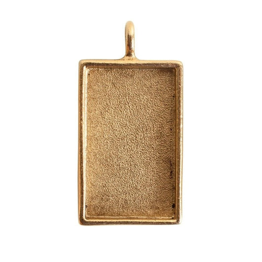 A rectangular gold pendant with a textured, brushed metallic surface and a small top loop, shown against a plain white background.