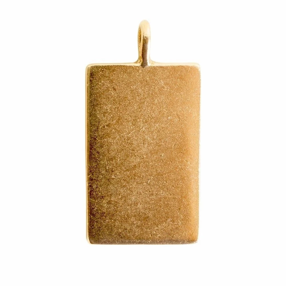 A rectangular gold pendant with a flat, textured surface and a small top loop, shown on a plain white background.