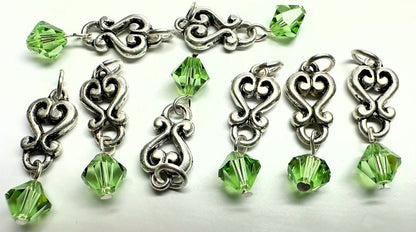 Antiqued Silver Pewter Heart Dangles with Peridot Green Swarovski Crystal (8 pc)