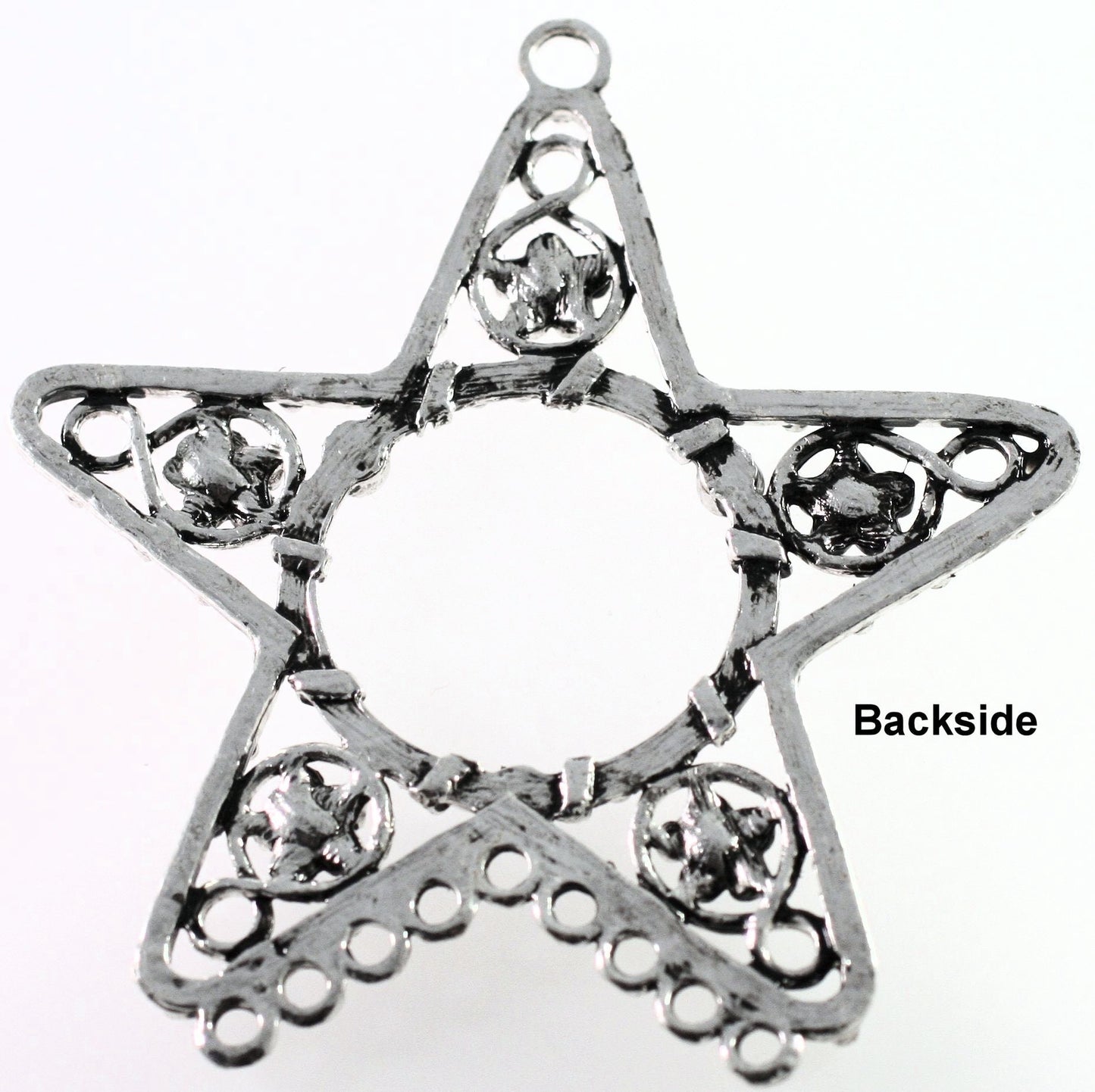 Star-shaped metal pendant with embedded crystals on a white background