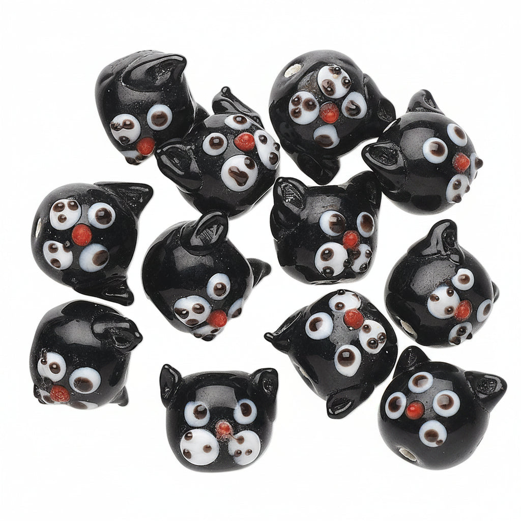 Lampwork Glass Black Cat Head Beads, 13mm, Whimsical