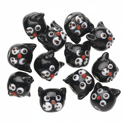 Lampwork Glass Black Cat Head Beads, 13mm, Whimsical