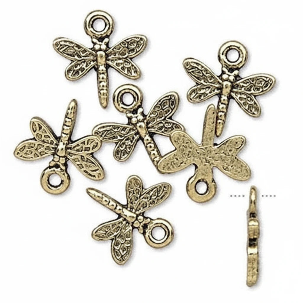 Five antique bronze dragonfly jewelry charms with loop tops, shown on a plain white background with a side profile view indicated by dotted lines.