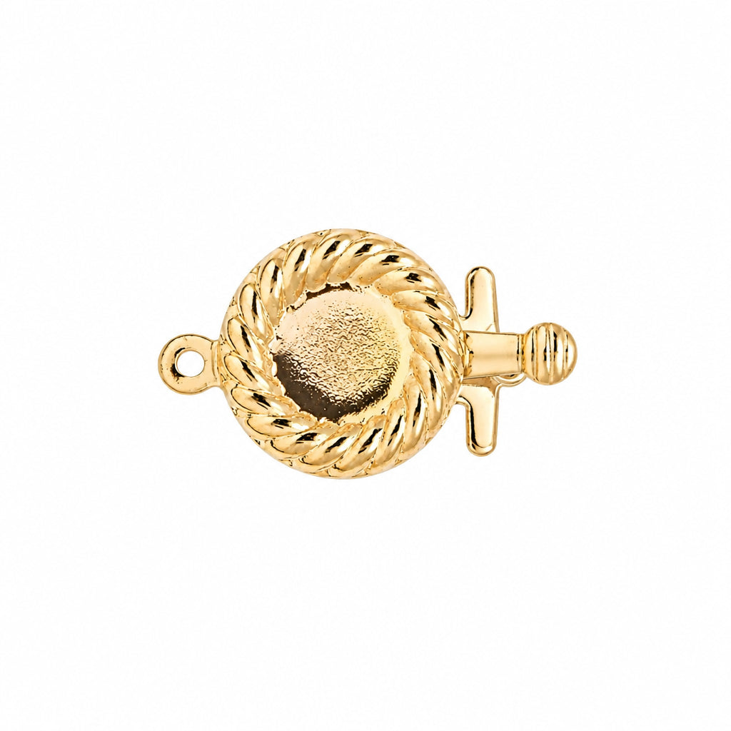 A gold-colored twisted rope charm or pendant with a central textured circle and a side tab, shown on a plain white background.