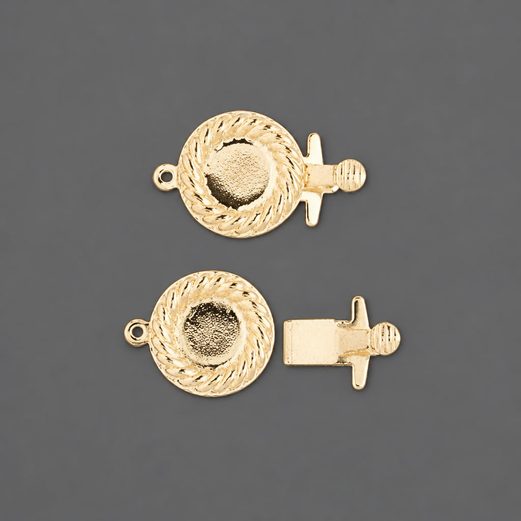 CLASP with a textured rope-like outer border and a smooth oval center, shown from front and side angles on a solid dark gray background.