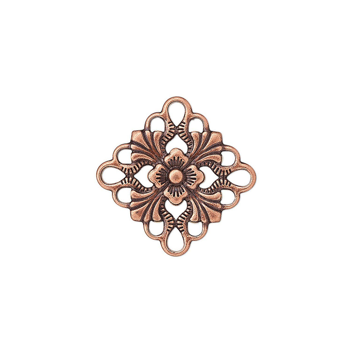An ornate, vintage-style metal decorative connector piece with a copper/bronze finish and a central loop, isolated on a white background.