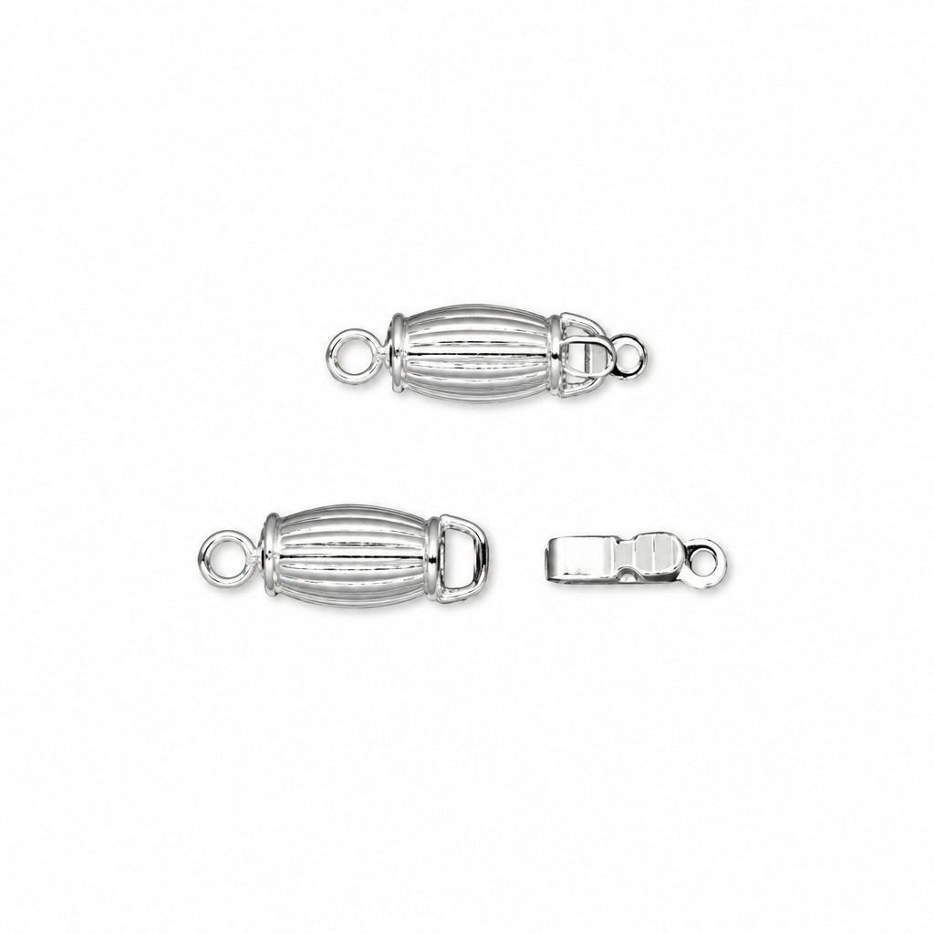 Two silver metal clasp connectors shown on a plain white background, with one shown closed and one shown open to demonstrate the clasp mechanism.