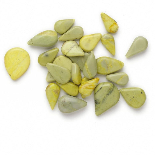 A group of polished tumbled gemstone beads in pale yellow and light olive green with natural marbling, arranged on a plain white background.
