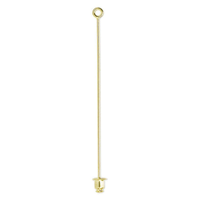A single gold-toned metal jewelry finding, specifically a long straight post with a circular loop at the top and a small cup-shaped end at the bottom, shown on a plain white background.