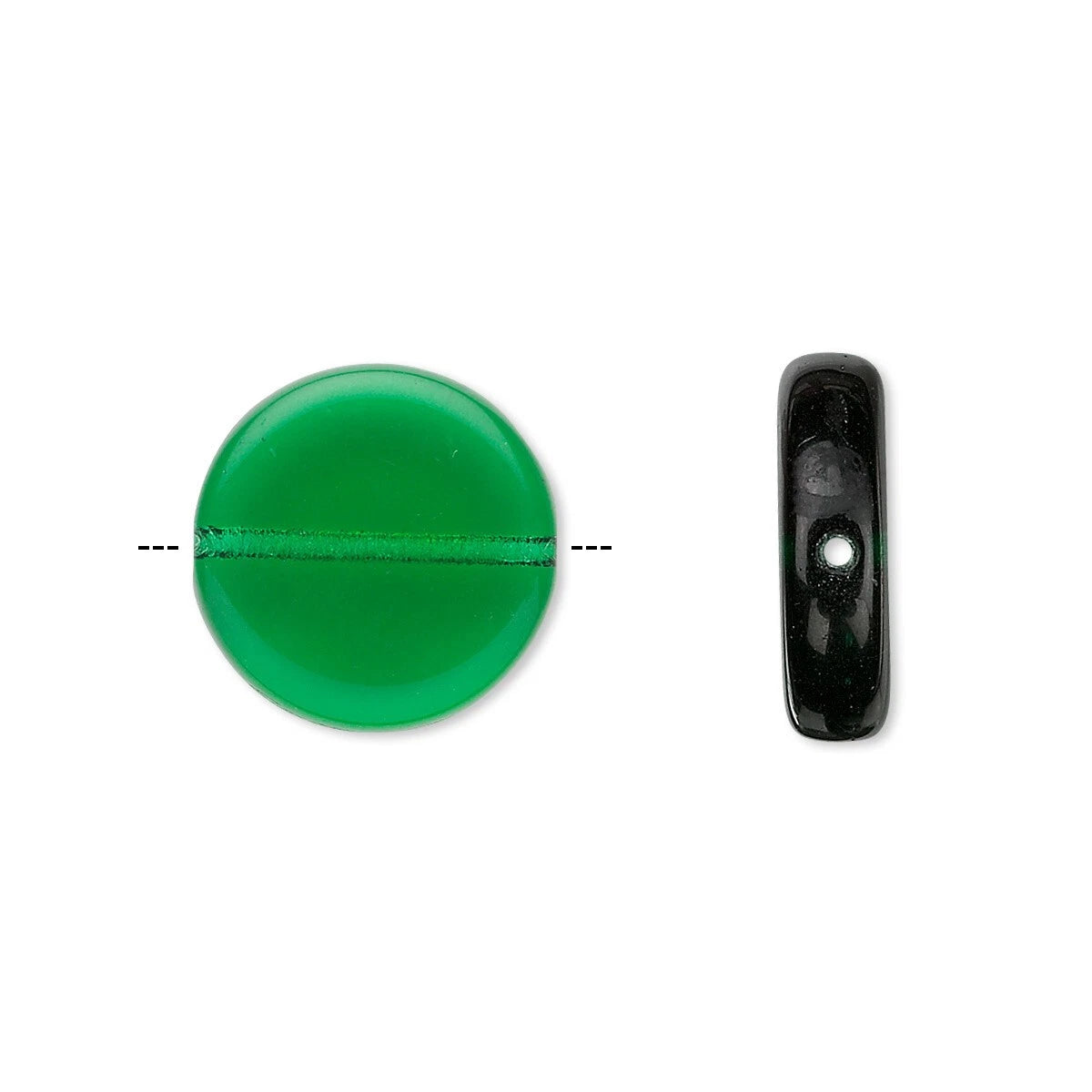 A green oval cabochon bead with a pre-drilled hole, shown from both front and side views on a plain white background.