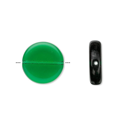 A green oval cabochon bead with a pre-drilled hole, shown from both front and side views on a plain white background.