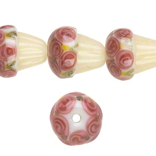 Lampworked Glass Cupcake Beads: Roses on Frosting, Opaque White/Cream/Pink/Green (12 pc) — Final Stock