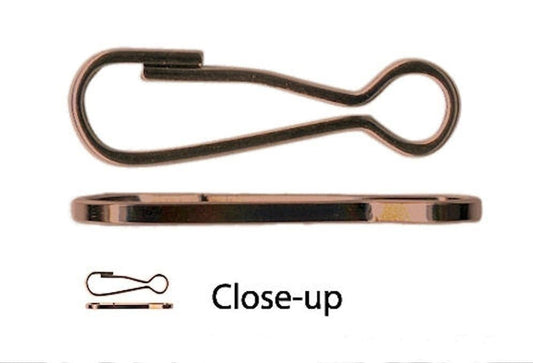 Two copper-colored metal clips with a close-up illustration on a white background