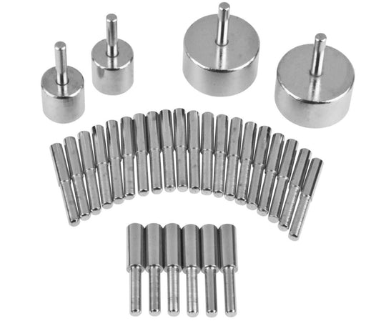Set of metal dowels and pins on a white background