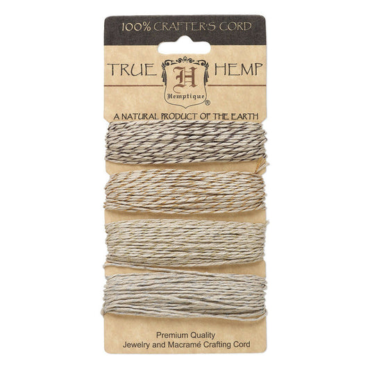 A package of four spools of Hemptique 100% True Hemp jewelry and macrame crafting cord in neutral earth tones, mounted on a kraft paper card with a dark brown header.