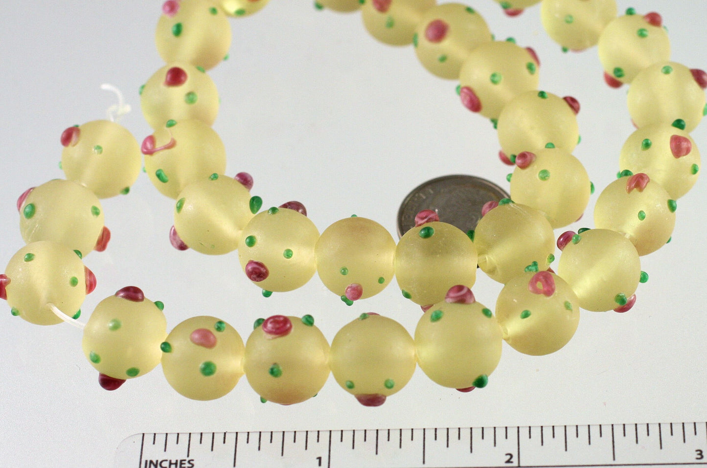 Lampworked Glass Beads: Frosted Lemon Yellow with Pink Roses & Green Leaves, 11-12mm Round (1 Strand)