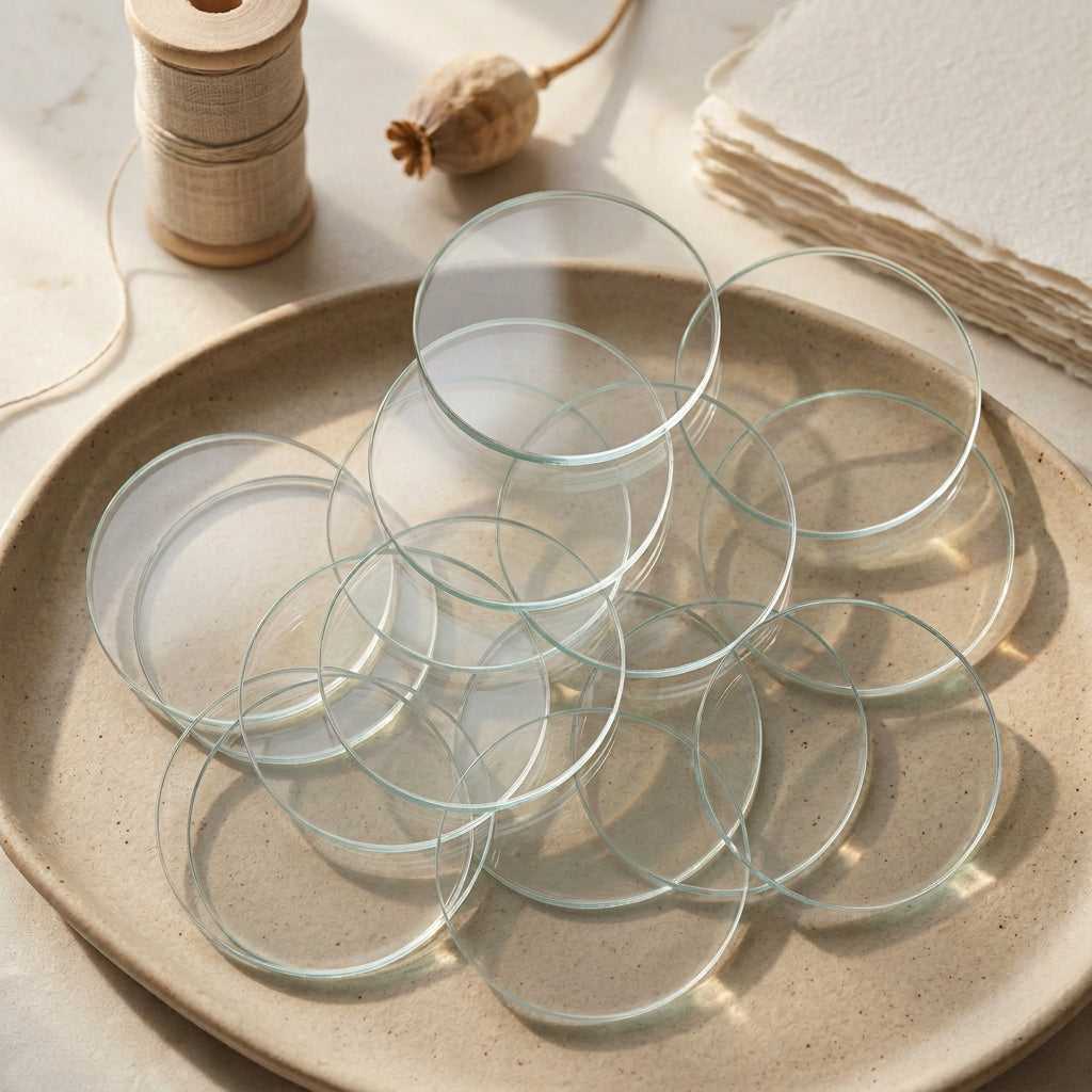 Clear glass plates on a light gray background