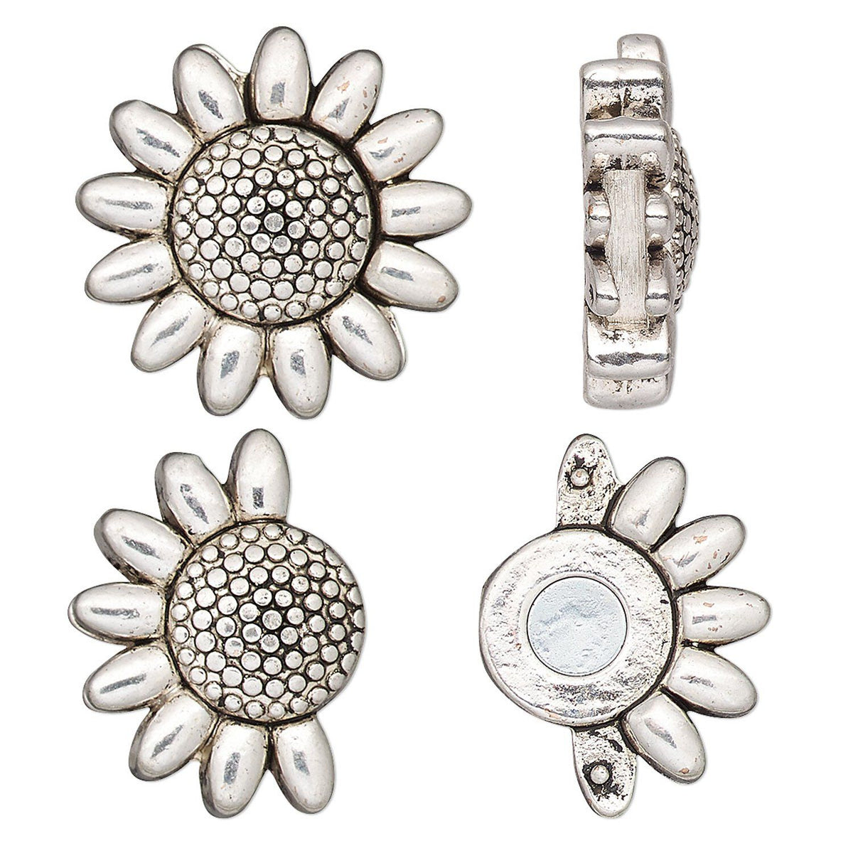 Silver-toned daisy-shaped stud earrings shown from multiple angles on a plain white background, including front, side, and back views.