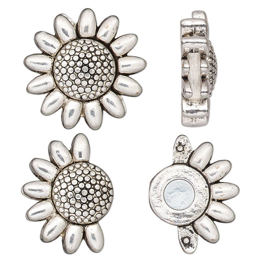 Silver-toned daisy-shaped stud earrings shown from multiple angles on a plain white background, including front, side, and back views.
