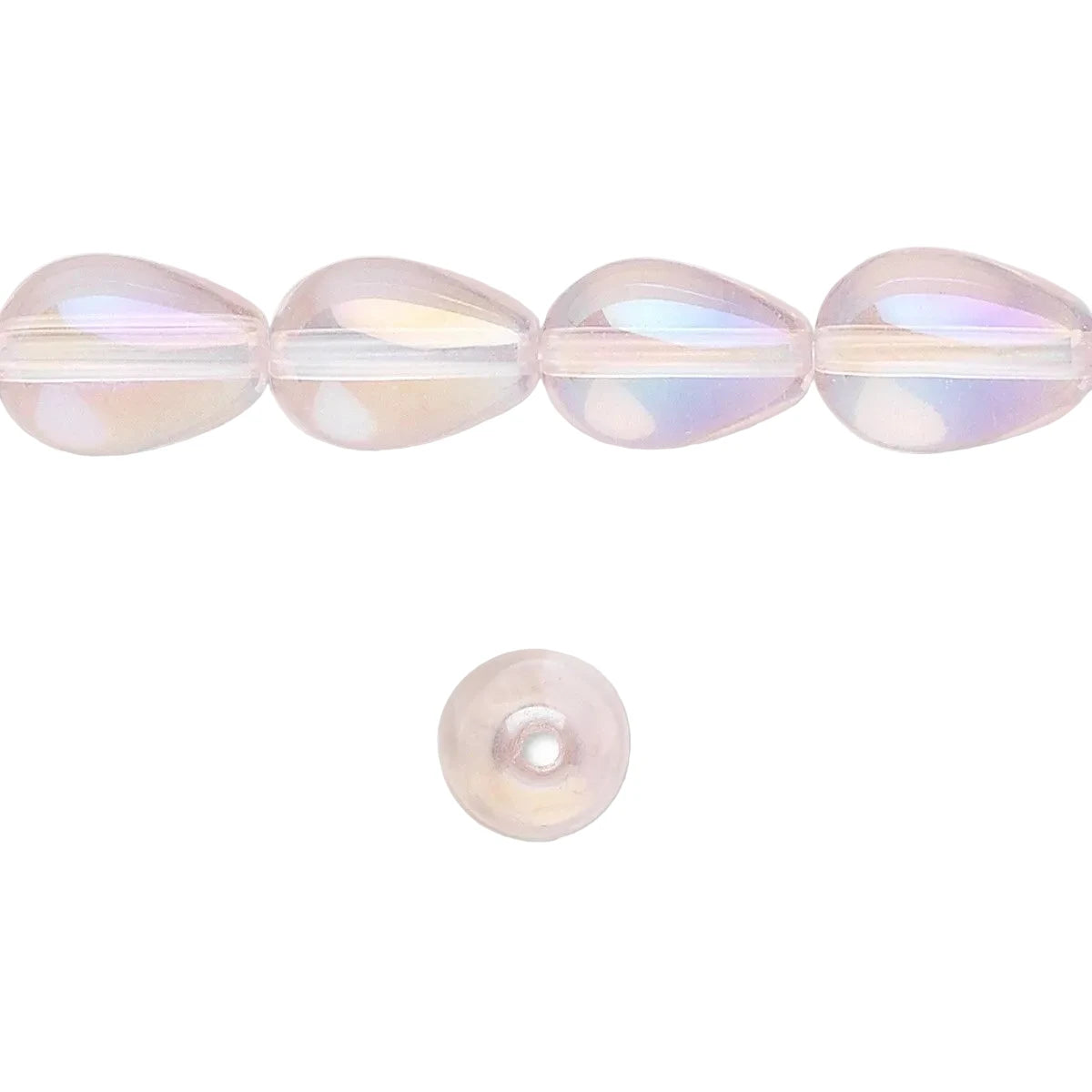 Four teardrop-shaped iridescent beads with a single hole, shown in a horizontal row above a matching single bead on a plain white background.
