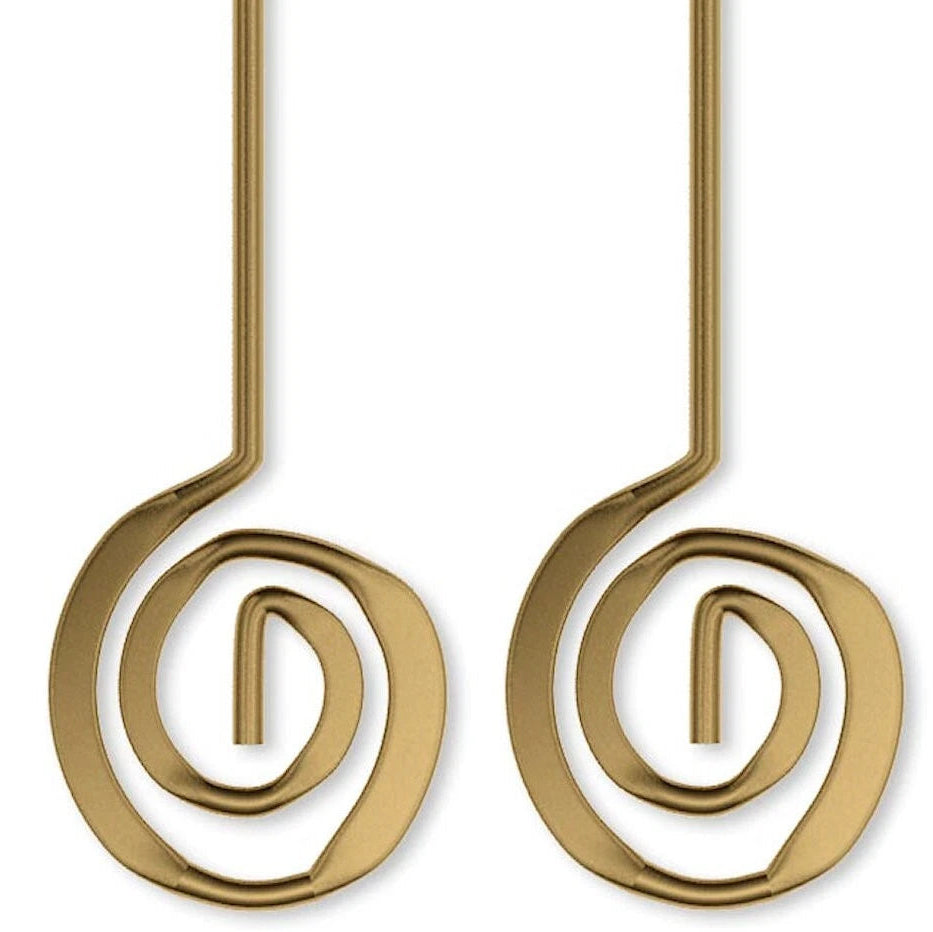 A pair of gold spiral drop earrings with long straight hanging wires, shown against a plain white background.