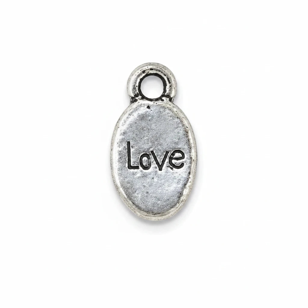 An oval silver-toned metal charm with a loop at the top and the word 'Love' engraved in the center, shown on a plain white background.