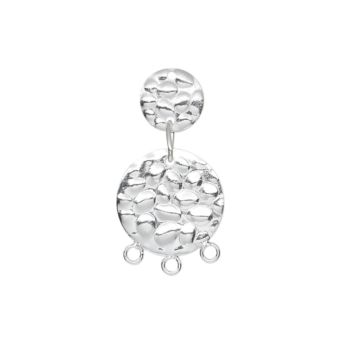A silver-toned textured drop earring featuring a small round stud connected to a larger, wider disc with three small hanging loops at the bottom, shown on a plain white background.