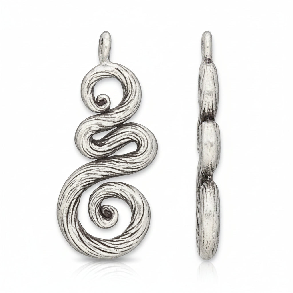 One sterling silver twisted spiral jewelry charms on a solid dark gray background, showing both the front spiral view and the side profile view.