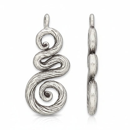 One sterling silver twisted spiral jewelry charms on a solid dark gray background, showing both the front spiral view and the side profile view.