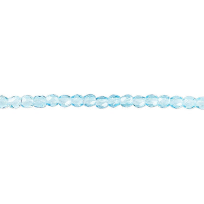 A single strand of light blue faceted glass beads aligned horizontally on a plain white background.