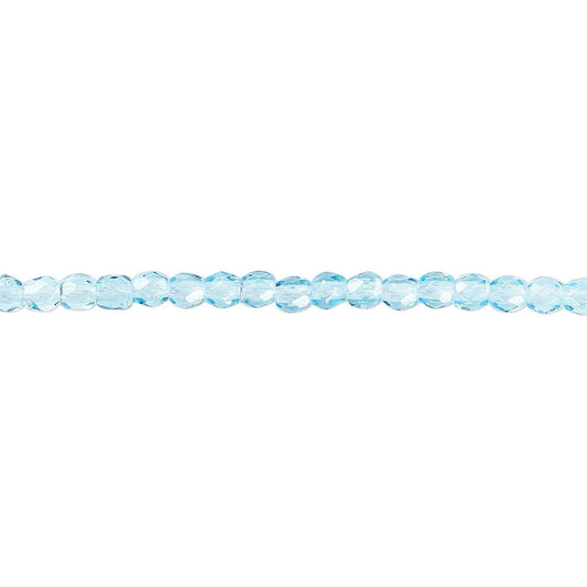 A single strand of light blue faceted glass beads aligned horizontally on a plain white background.