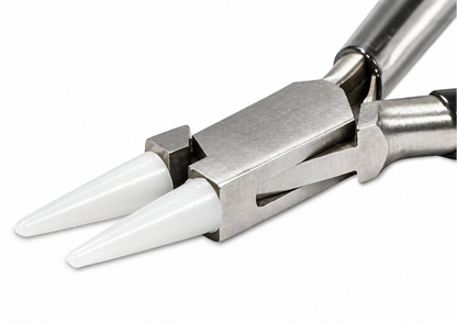Close-up of a pair of metal chain-nose pliers with white plastic tips and black handles, shown on a plain white background.