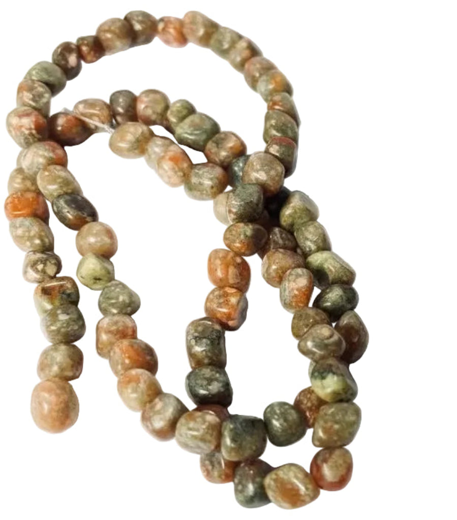 Two strands of rough, polished gemstone beads in earthy brown, orange, green, and gray colors, arranged on a plain white background.