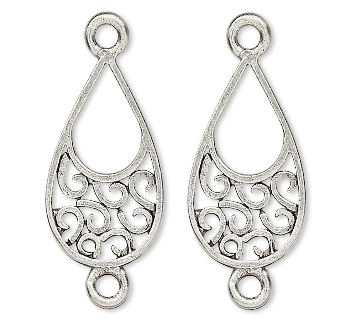 A pair of silver teardrop-shaped filigree charms with decorative scrollwork and circular loops at the top and bottom, shown on a plain white background.