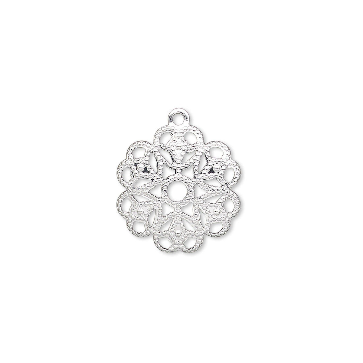A silver filigree charm with an intricate openwork floral pattern and a small top loop, shown on a plain white background.