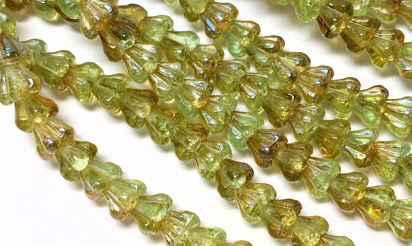 Czech Glass Baby Bell Cone Flower Beads 6x4mm Chrysolite Green — 50 pcs