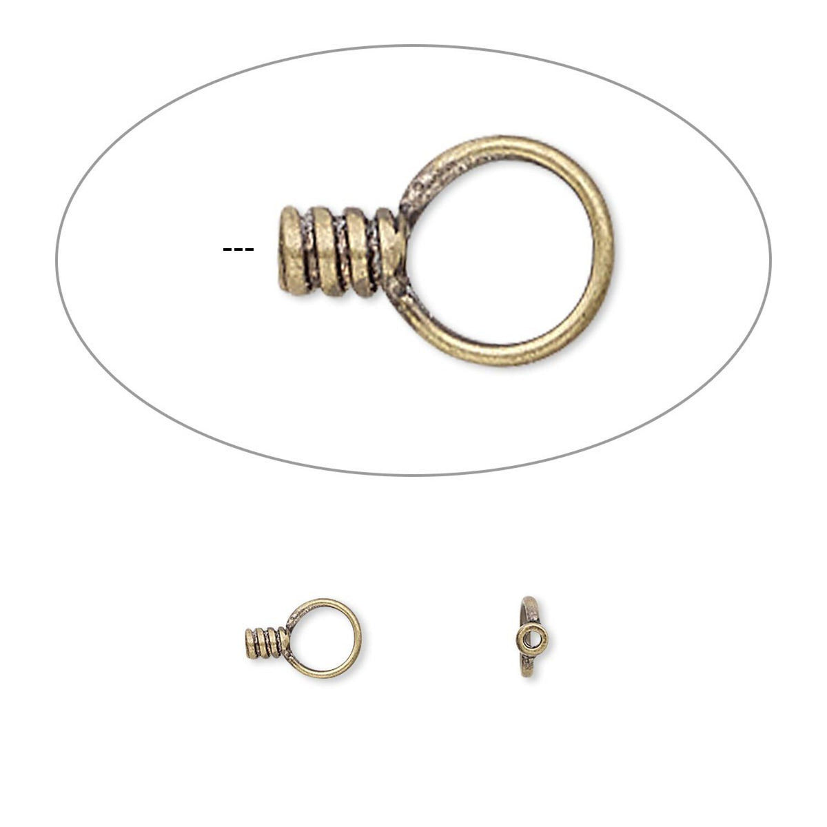 An antique bronze jewelry finding featuring a textured spiral wrap around a small eye loop, shown with a larger front view inside an oval outline and two smaller side profile views below on a white background.