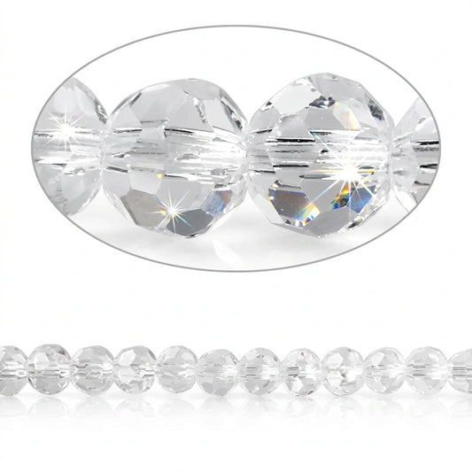 Clear faceted round beads shown in a close-up oval and as a strand on a white background.