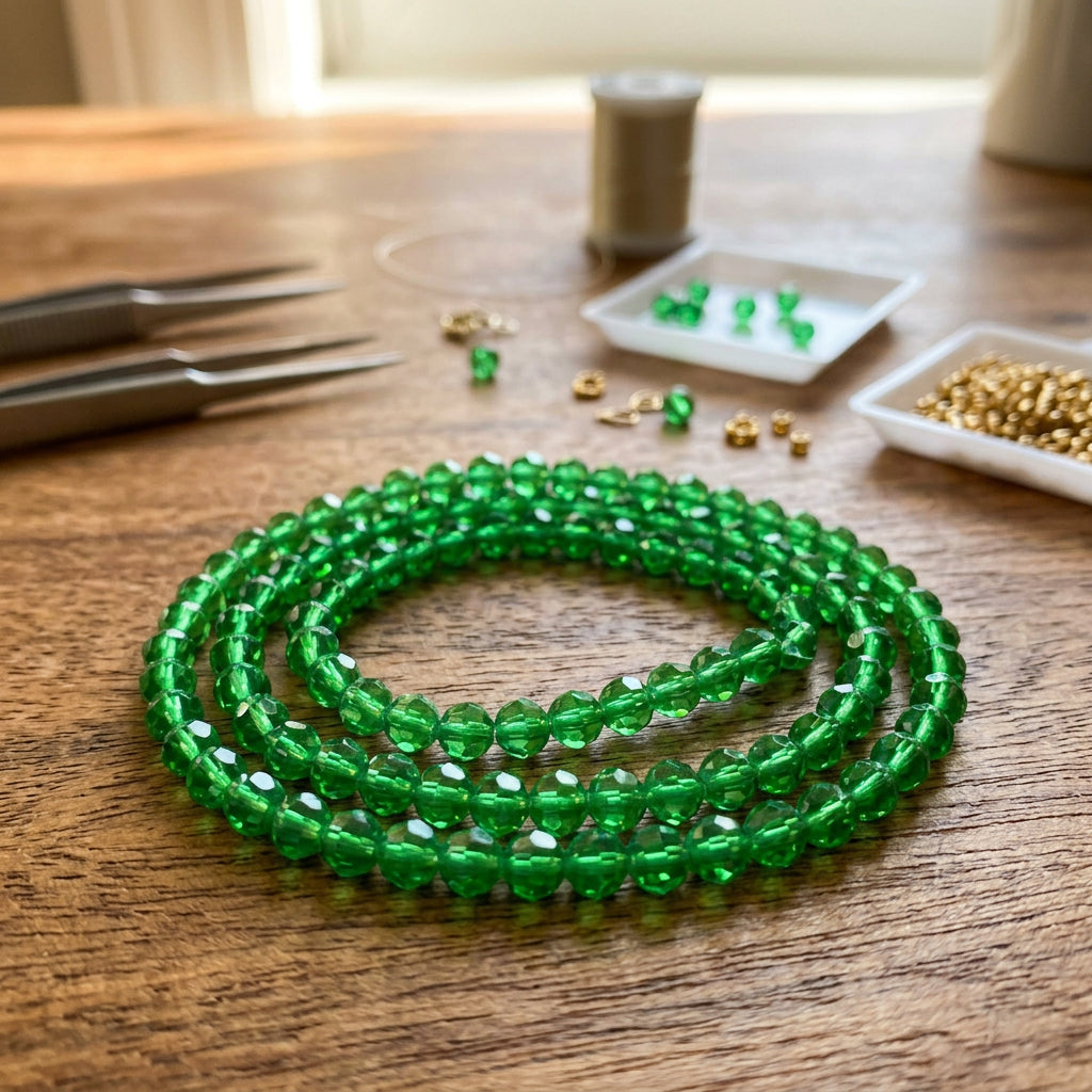 A strand of faceted green beads draped over a bronze-colored coin on a plain white background.