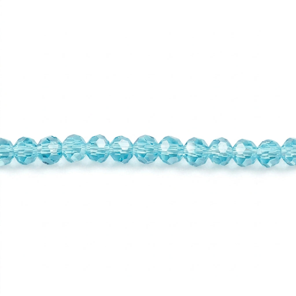 Light blue faceted crystal beads shown in a close-up oval and as a strand on a white background.