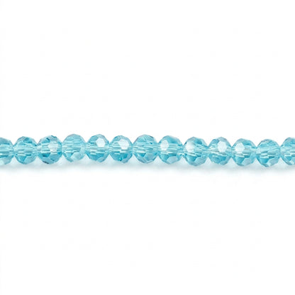 Light blue faceted crystal beads shown in a close-up oval and as a strand on a white background.