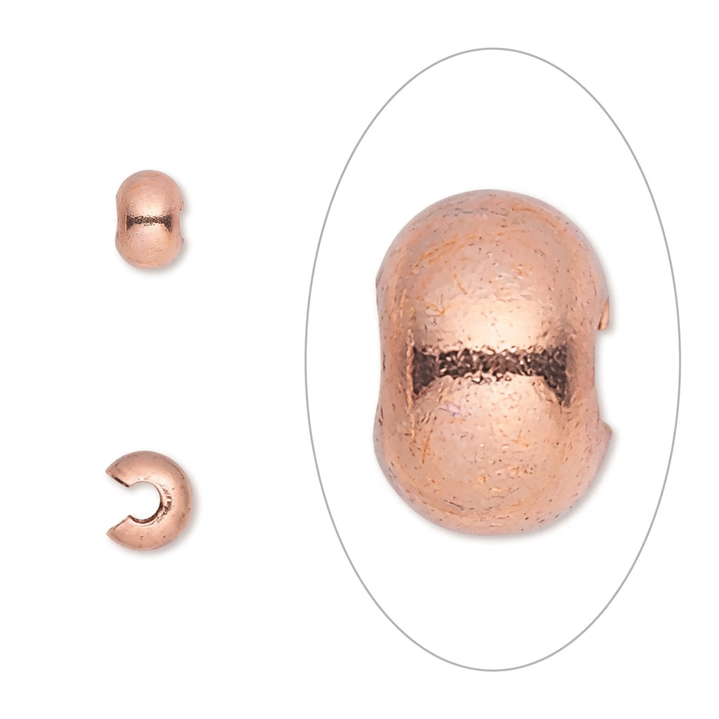 Rose gold metal spacer beads shown on a white background, featuring a large oval close-up of a split bead with a textured metallic finish, alongside two smaller views of the same bead.