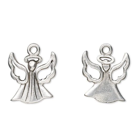 Two small silver angel charms with wings and halo details, shown side by side on a plain white background.