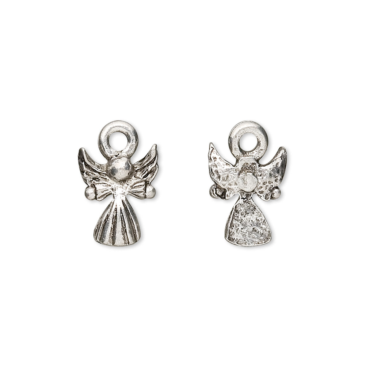 A pair of silver angel charms with textured finishes and hanging loops, displayed side-by-side on a plain white background.